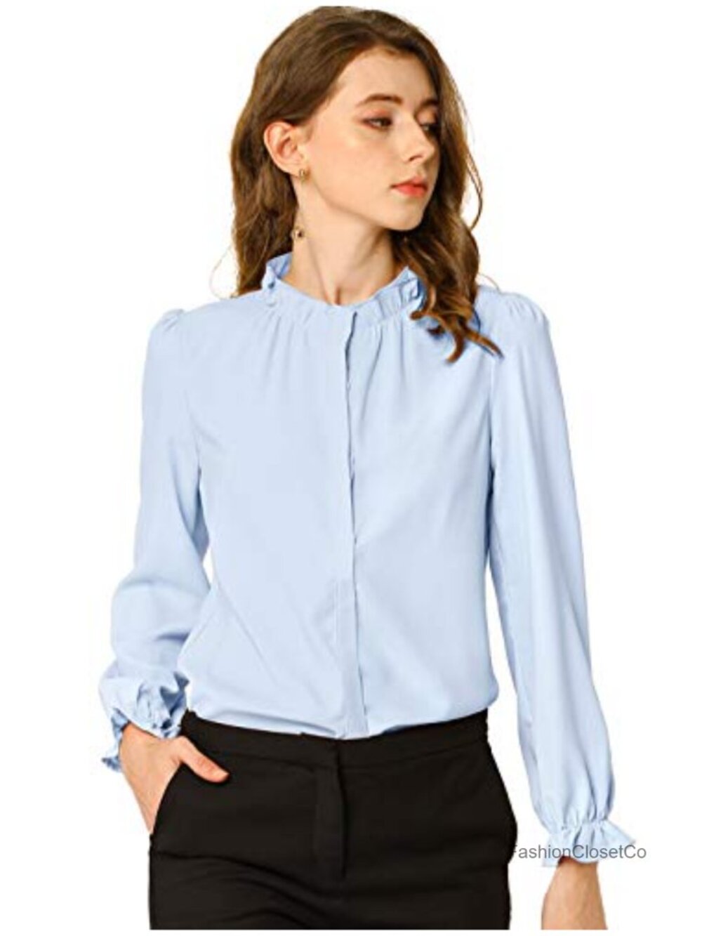 Women's Chiffon Ruffle Collar Button Down Blouse Business Casual Long Sleeve
